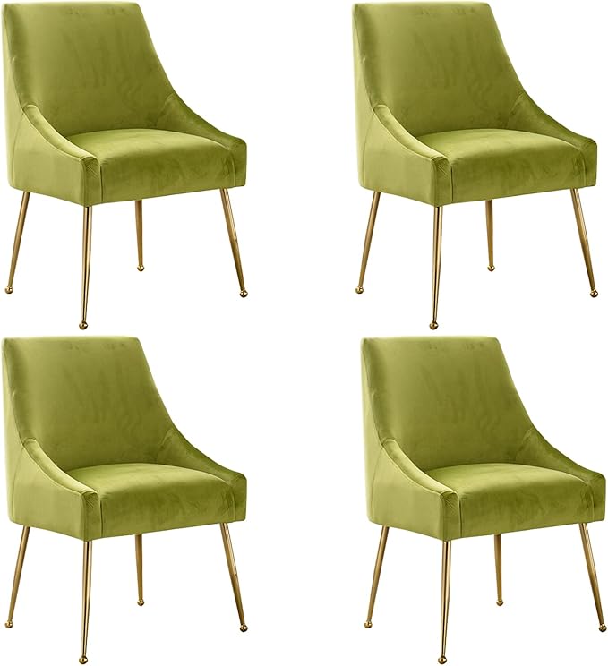 Modern Velvet Dining Chairs Set of 4, Contemporary Upholstered Furniture Collection with Polished Gold Metal Legs, Elegant Accent Chairs for Kitchen Living Room(Yellow Green)