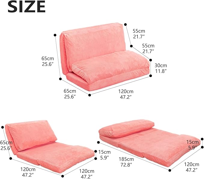 N&V Folding Matress Sofa Bean Bag Bed, Foam Filling Folding Matress Sofa, Includes Removable and Machine Washable Cover, Soft Premium Corduroy (Medium, Salmon)
