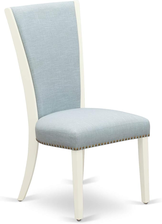 East West Furniture VEP2T15 Verona Parson Dining Chairs - Nailhead Trim Baby Blue Linen Fabric Padded Chairs, Set of 2, Linen White