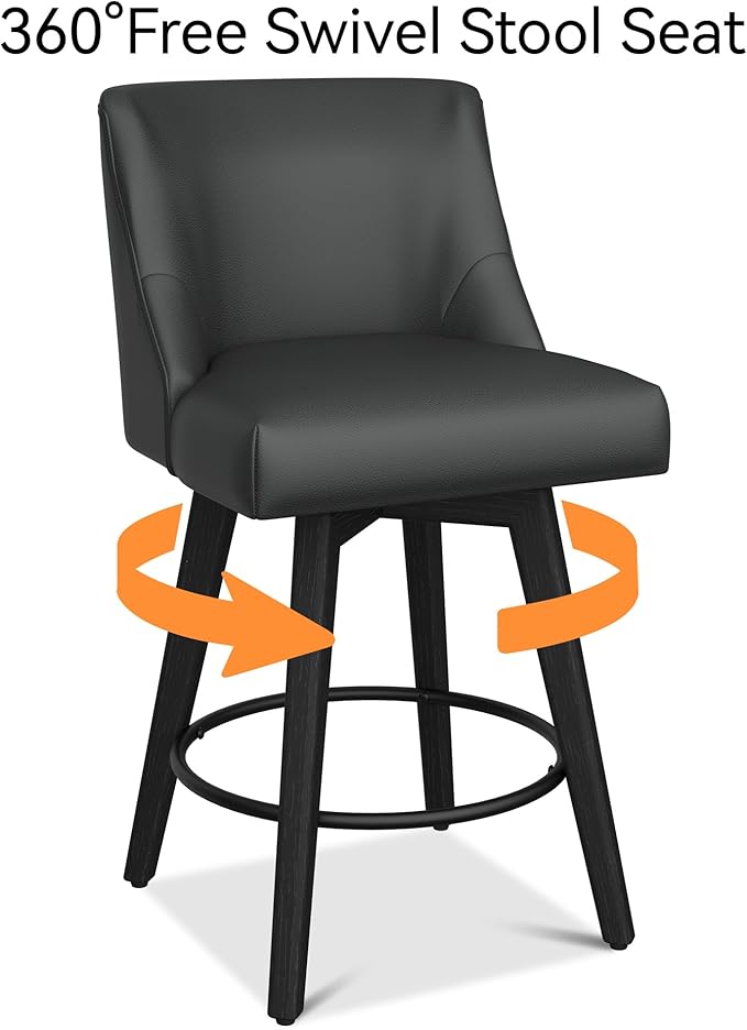 Counter Height Bar Stools Set of 3, Modern Swivel Barstools with Back and Wood Legs, Faux Leather Upholstered Bar Chairs, 26" H Kitchen Counter Stools, Kitchen Island Home Bar, Black Grey