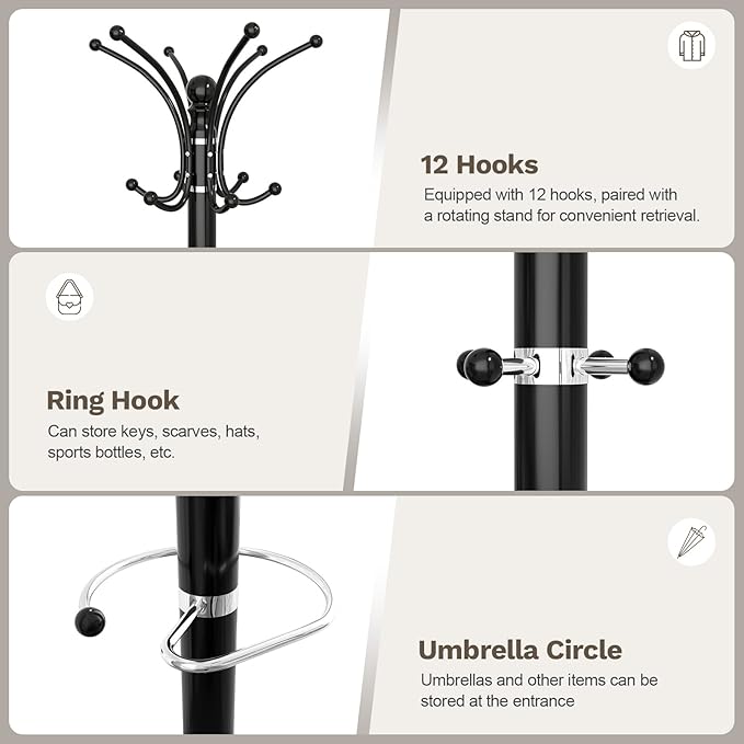 Coat Rack Freestanding with Marble Base, Heavy Duty Clothes Tree with Hooks and Umbrella Storage, Metal Hall Holder for Hanging Jacket, Hats, Scarf, Bag, Suitable for Entryway,Bedroom