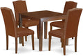 East West Furniture OXEN5-MAH-66 5 Piece Modern Dining Table Set Includes a Square Wooden Table and 4 Brown Faux Faux Leather Upholstered Chairs, 36x36 Inch, Mahogany