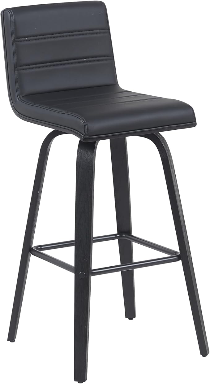 Vienna Modern Swivel Bar Height Stool with Black Faux Leather Seat and Black Brushed Wood Frame Set of 2