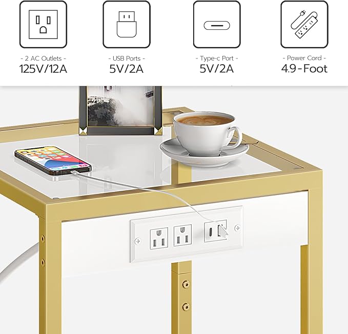 HOOBRO Side Table with Charging Station, Set of 2 End Tables with USB Port, Nightstand for Tight Spaces, Tempered Glass, Modern Metal Frame, for Office, Bedroom, Living Room, Gold GD76UBZP201