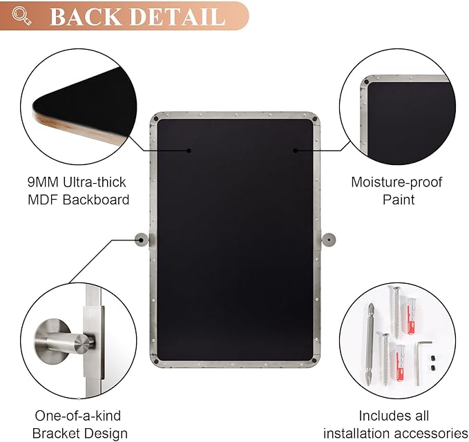MOON MIRROR 22" x 30" Brushed Nickel Metal Framed Pivot Rectangle Bathroom Mirror, Silver Tilting Rounded Rectangular Vanity Mirror for Wall Hangs Vertical Only