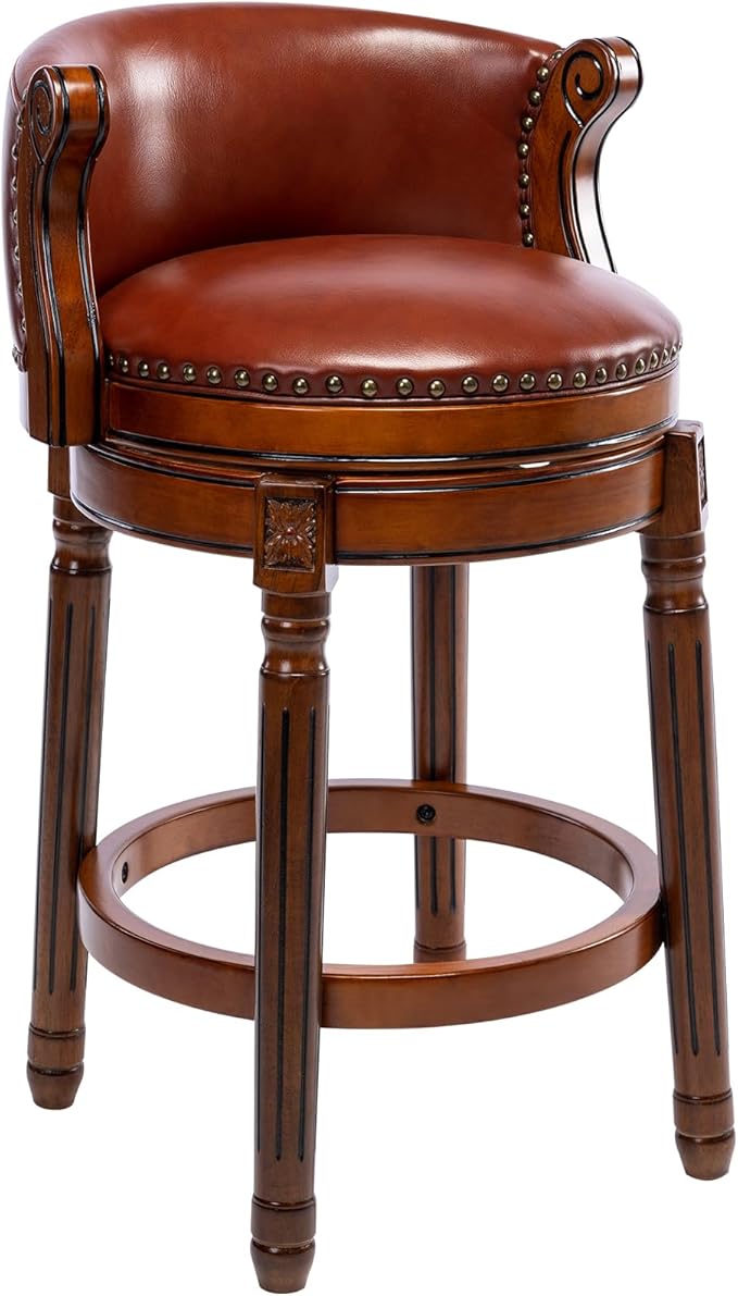 CozyRain Bar Stools Rubber Wood Counter Height Bar Stool Leather Upholstered Swivel Barstools with Back & Footrest for Home,Kitchen,Counter,Dining Room (Brown, Seat Height 26 in)
