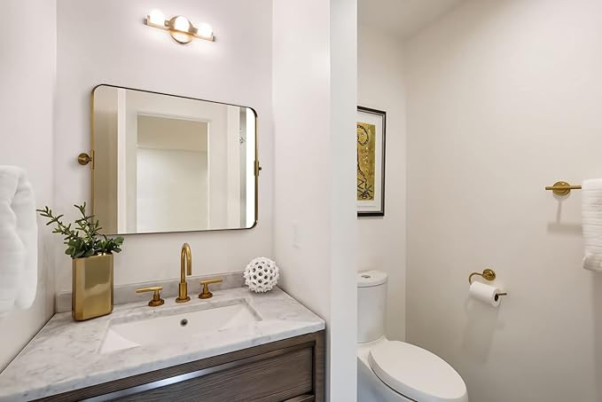 MOON MIRROR 36" x 24" Brushed Gold Rectangle Bathroom Mirror, Tilting Rounded Rectangular Metal Framed Pivot Wall Mirror, Hangs Horizontally Only(Overall 39.75" x 22")
