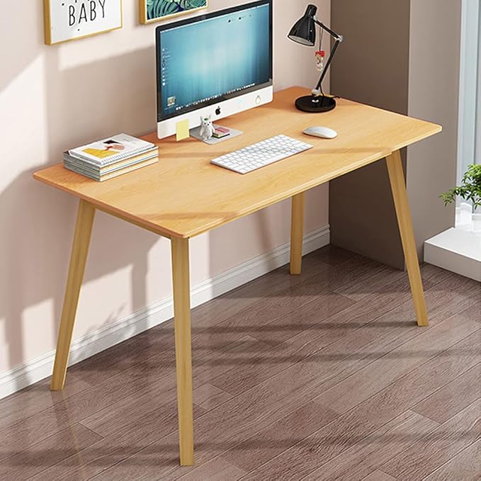 IOTXY Simple Wooden Writing Desk - Modern Minimalist Style PC Laptop Computer Workbench with Solid Wood Legs, 55" W Home Office Work Table for TV Stand Music Video Live Broadcast Workstation, White