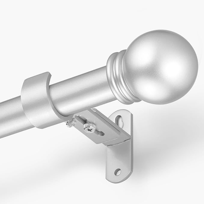 Curtain Rods for Windows 16 to 136 Inches, Curtain Rod Max Adjustable Length of 144 IN, 1" Diameter Drapery Rods Round Finials, Satin Silver, Pack of 1