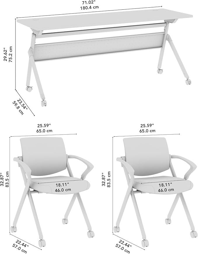 Bush Business Furniture Folding Training Table Set for 2, 72 inch Desk with Powered Grommets and 2 Chairs with Arms, Commercial-Grade Bundle for Office or Classroom, Envision Collection, Gray