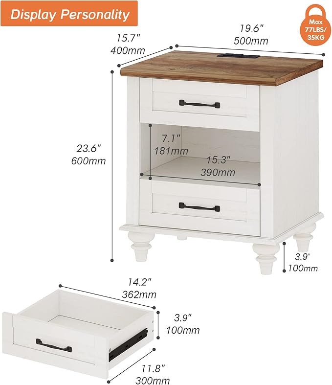 WAMPAT White Side Table with 2 Drawers & Charging Station, Mid Century Nightstand for Bedroom with Power Outlets & USB Ports, Wooden Bedside Table Night Stand with Shelf for Living Room, Antique White