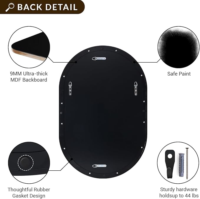 ANDY STAR Black Oval Mirror, 24x36 Oval Black Mirror in Stainless Steel Metal Frame for Bathroom, Entryway, Living Room, Contemporary 1" Deep Set Design Wall Mount Hangs Vertical or Horizontal