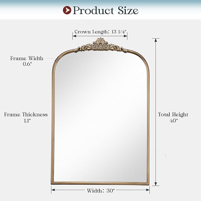 30" x 40" Antique Gold Arched Mirror for Wall, Vintage Brass Bathroom Mirror with Metal Frame, Bronze Ornate Gold Vanity Mirror for Entryway, Mantel, Powder Room