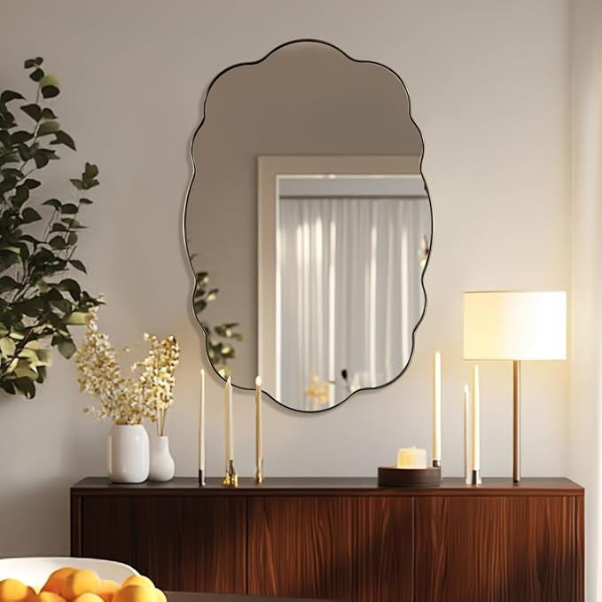 ANDY STAR Oval Bathroom Mirror, 24x36 Inch Scalloped Wall Mirror, Modern Brushed Gold Wavy Mirror, Anti-Rust Brass Metal Mirror for Bathroom Hang Vertical or Horizontal