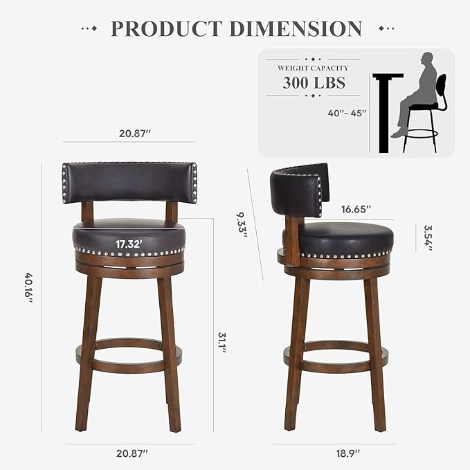 COLAMY Swivel Bar Stools Set of 4, 30 Inch Swivel Bar Height Bar Stools, Wood Swivel Barstools with Back, Modern Upholstered Wooden Barstools for Kitchen Island Dining Room Bar, Dark Brown