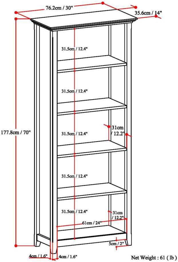 SIMPLIHOME Amherst Bookcase - 70 inch Tall 5-Shelf Solid Wood Bookshelf in Light Golden Brown, Transitional Storage for Living Room, Study Room or Office with Adjustable Shelves and Tapered Legs