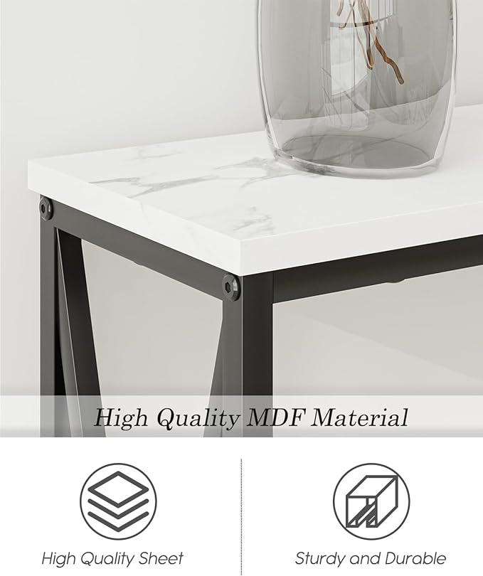 Masupu 70.9" Console Table with Power Outlet, Modern Narrow Long Sofa Table Behind Couch, Skinny Entry Table, Industrial Sofa Table with Metal Frame for Hallway, Living Room, White and Black