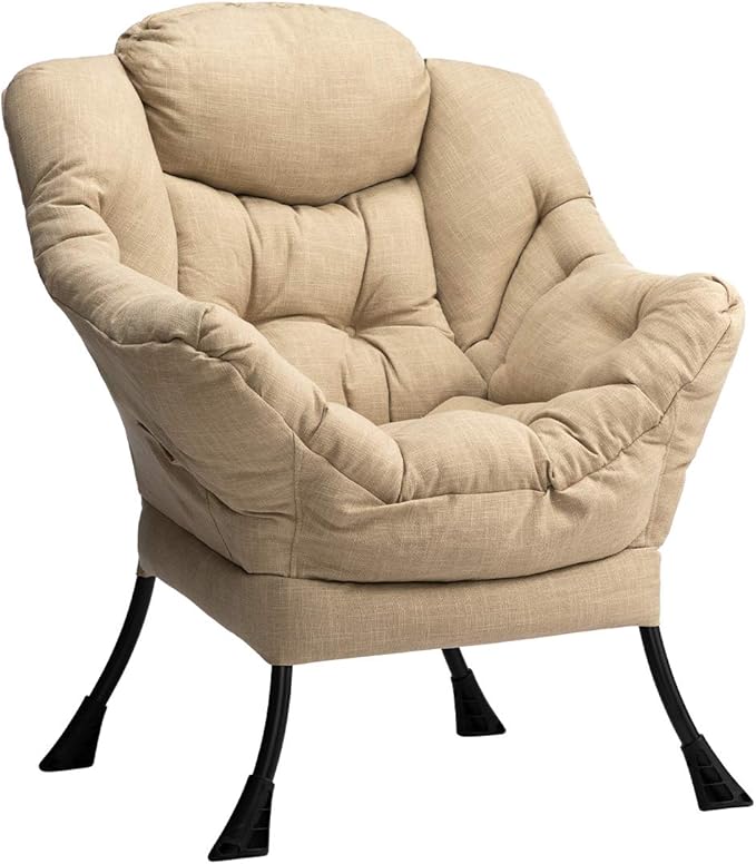 HollyHOME Modern Fabric Large Lazy Chair, Accent Oversized Comfy Reading Chair, Thick Padded Cozy Lounge Chair with Armrest, Leisure Sofa Chair for Living Room, Bedroom, Dorm, Coffee&White