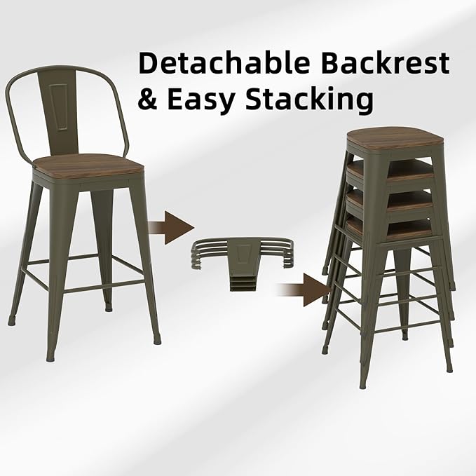 30” Swivel Bar Stools Set of 4, Counter Height Bar Stools Wooden Seat, Metal Industrial Bar Chairs with High Back for Kitchen Island (Rusty)