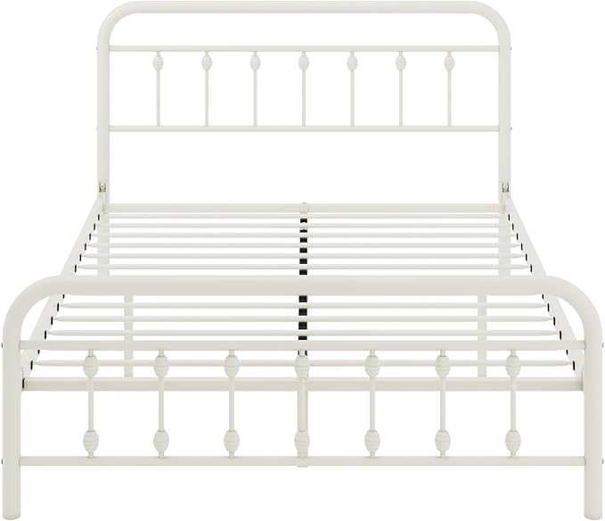 Allewie 14 Inches Full Size Metal Platform Bed Frame with Victorian Style Iron-Art Headboard/Footboard, Mattress Foundation, Easy Assembly, Under Bed Storage, No Box Spring Required, Off White