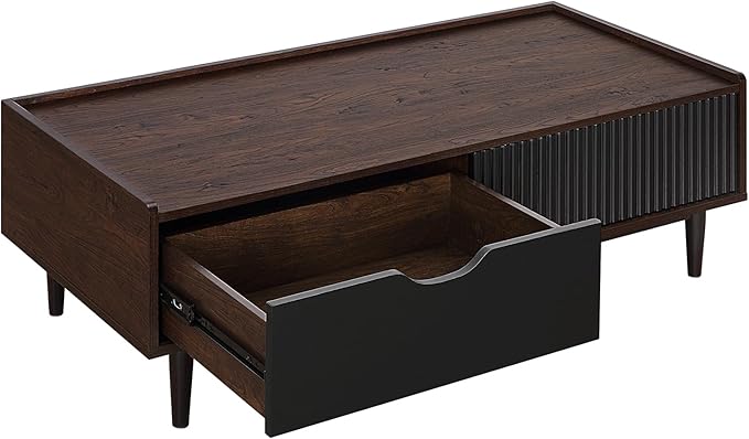 Manhattan Comfort Duane Mid Century Modern Ribbed Nightstand and Coffee Table with Storage, Living Room Furniture with Cabinet, Shelves and Iron Metal Feet, Set of 2, Black