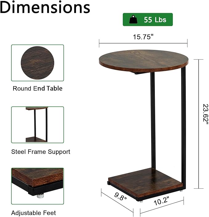 HDANI C Table End Table,Round Side Table That Slide Under,C Shaped End Table for Couch,Small Table for Living Room, Bedroom,Rustic Brown