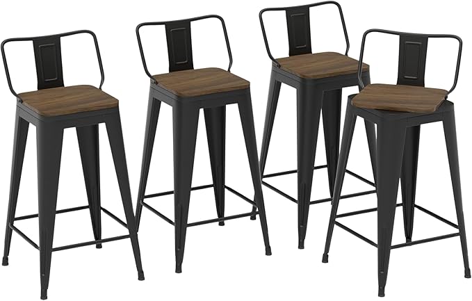 26 Inch Swivel Bar Stools Set of 4, Counter Height Bar Stools with Low Back, Metal Industrial Bar Chairs for Kitchen Island (Matte Black)
