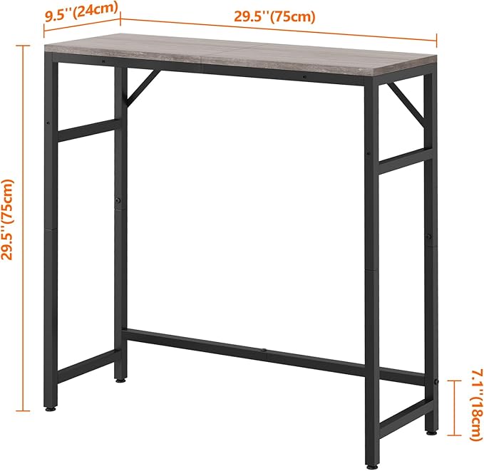 Narrow Console Table, 29.5" Small Entryway Table, Sofa Table with 2 Support Bar, Industrial Couch Table, Thin Side Table, Display Tables for Living Room, Hallway, Bedroom, Foyer, Grey