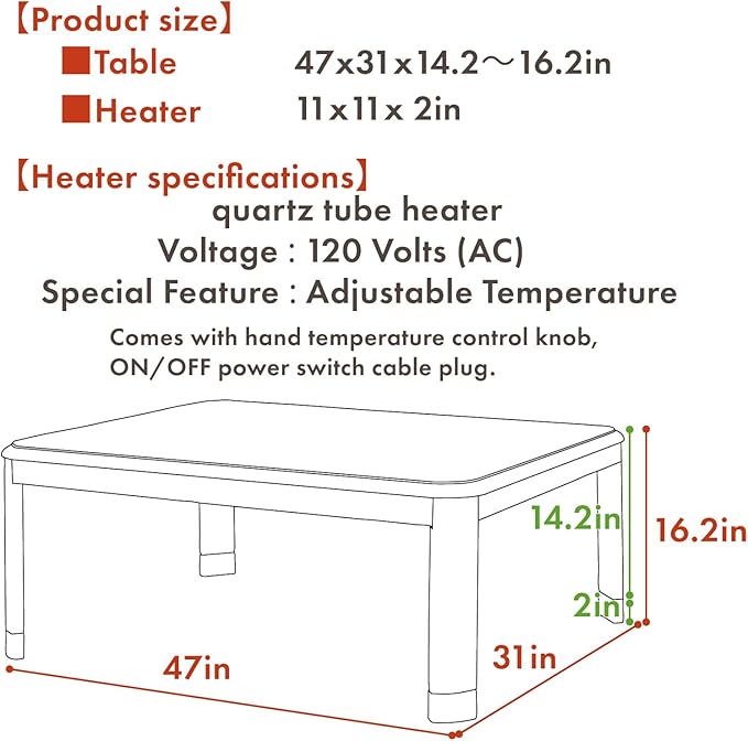 PaletteLife Japanese Heated Table (47x31in)- Wooden Chabudai Furniture with 120V Electric Heater - Low-Lying Dining and Work Desk with Temperature Control Knob Casual kotatsu
