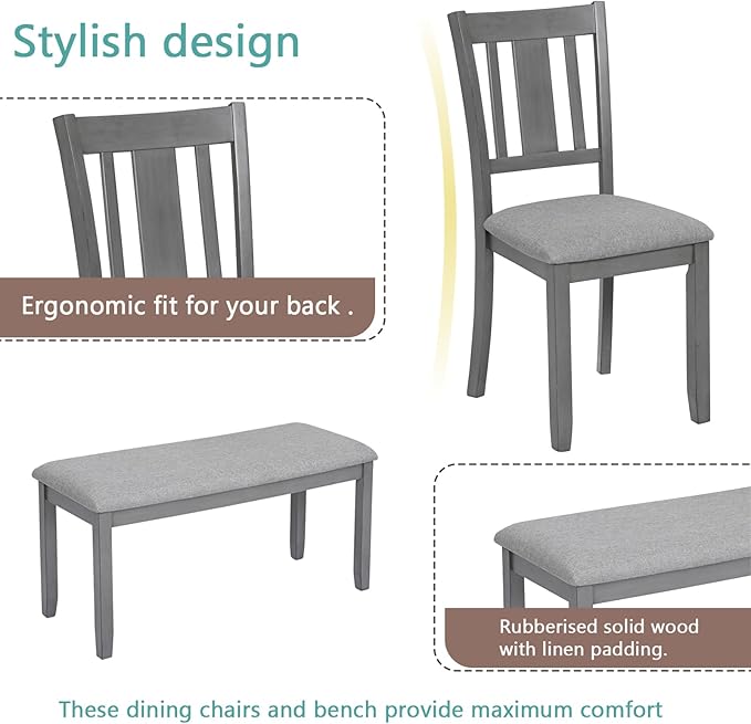 soges 6 Piece Kitchen Dining Table Set, Wooden Dining Table with 4 Upholstered Chairs and a Bench for 6 People, Living Room, Home and Kitchen, Table Chairs Set, Grey