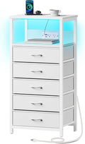 Seventable Night Stand with Charging Station, Tall Nightstand with 5 Fabric Storage Drawers, Side Table with LED Light for Bedroom, Entryway, White, Set of 2