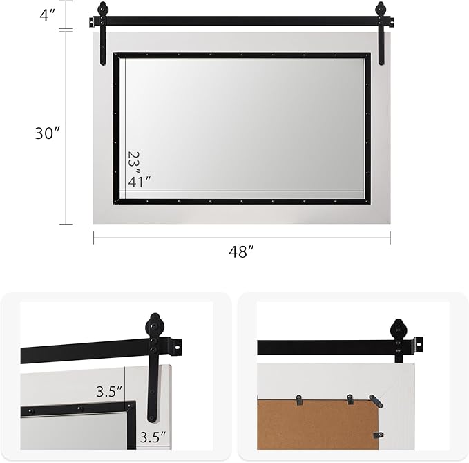YOSHOOT Farmhouse Barn Door Mirror, 48"x30" Rustic Bathroom Mirror, Wood Frame Wall Mirror, Wooden Mirror for Living Room Bedroom Entryway Wall Décor, Horizontal Hanging ONLY