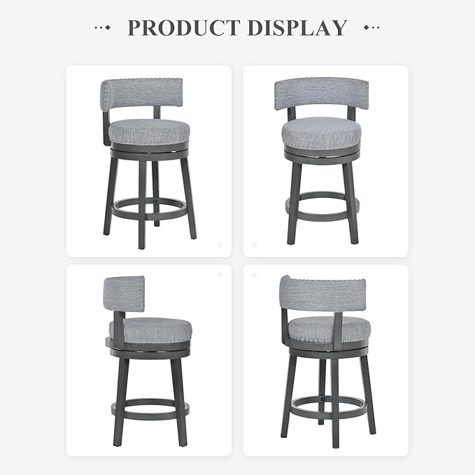 COLAMY Swivel Counter Height Bar Stools Set of 1, 25 Inch Modern Upholstered Kitchen Island Barstools with Back, Wood Swivel Bar Chairs for Counter Bar Dining Room, Grey