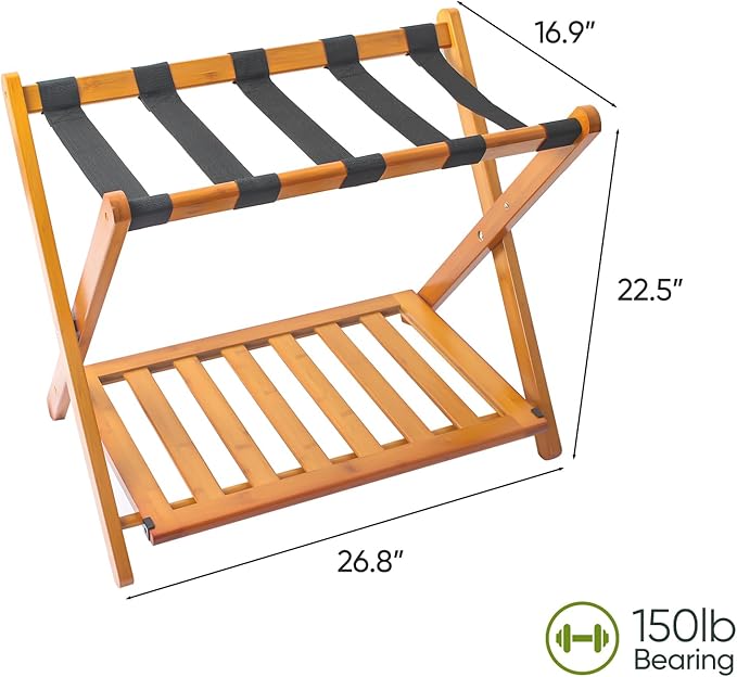 Fully Assembled Bamboo Luggage Racks, Foldable Suitcase Stand with 5 Nylon Straps, Luggage Stand with Shoe Shelf Ideal for Guest Room, Bedroom, Hotel, Honey Oak