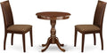East West Furniture ESIP3-MAH-C 3 Piece Modern Dining Table Set Contains a Round Wooden Table with Pedestal and 2 Linen Fabric Upholstered Dining Chairs, 30x30 Inch, Mahogany