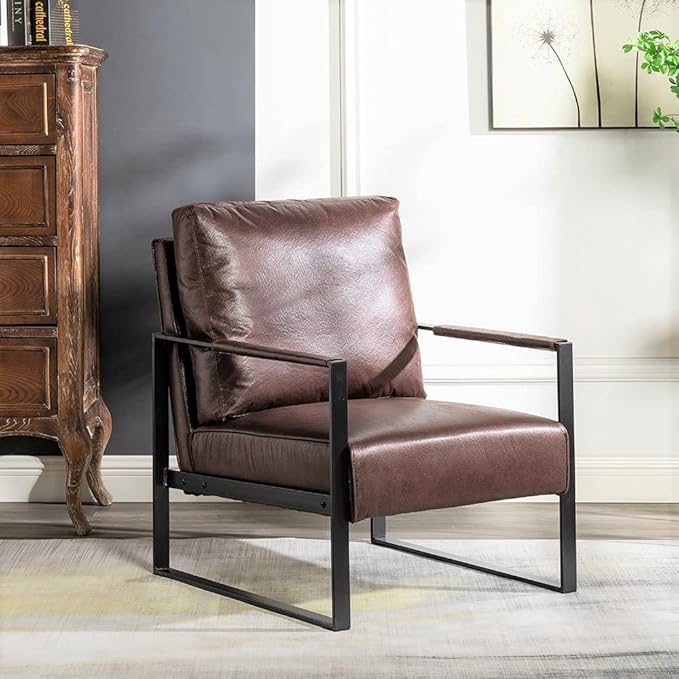 Container Furniture Classic Mid Century Modern Accent Chair with Durable Square Metal Frame, Armchair for Living Room, Bedroom, Home Office in Spotted Microfiber Upholstery, Dark Brown