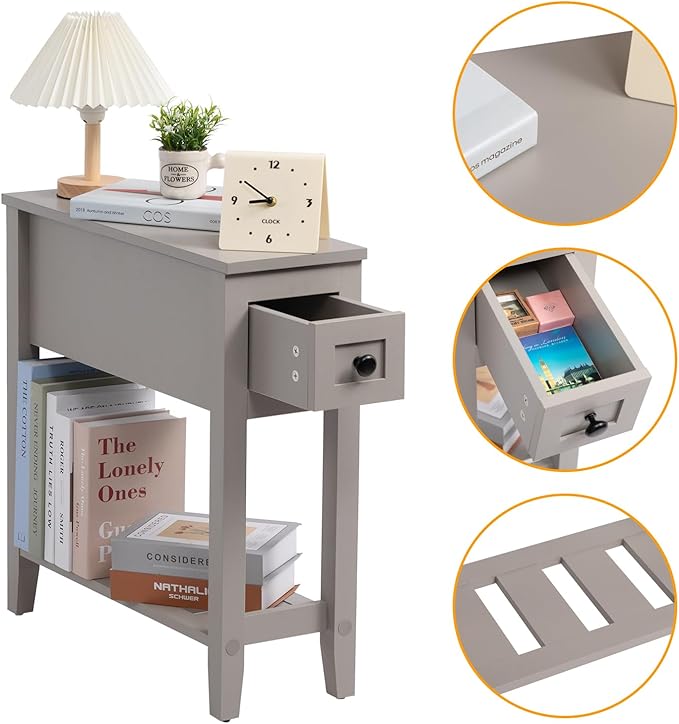 Gery 2 Pack Chairside Narrow End Table with Drawer, Solid Recliner Side Table with Storage Shelf, Slim Nightstand Bedside Table for Bedroom
