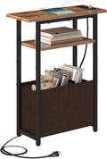 Narrow Side Table with Charging Station, Small End Table for Small Spaces, Skinny Nightstands with Storage Basket, 3 Tier Sofa Couch Bedside Tables for Living Room,Bedroom, Rustic Brown