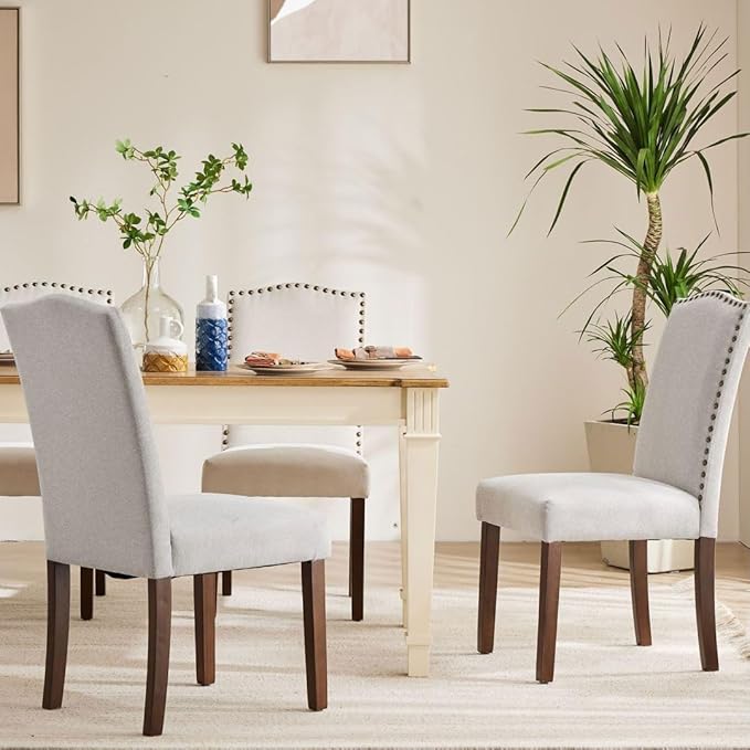 Kitchen Chairs Set of 6 Modern Upholstered Fabric Seat with Nailhead Trim and Ergonomic Lumbar Support for Living Room and Rustic Farmhouse Dining Area, Grey