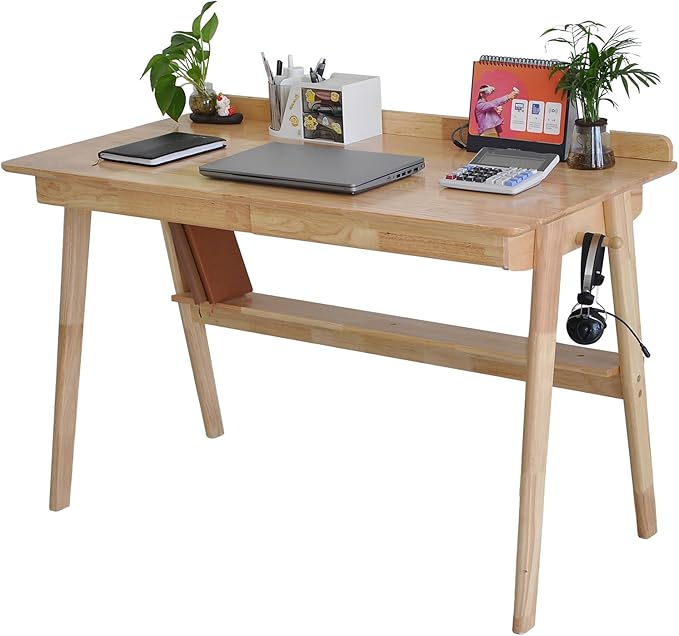 Oak Desk with Drawers, Solid Wood Desk with Bookshelf Small Computer Desk for Small Spaces Mid-Century Modern Wood Writing Desk with 2 Drawers for Home Office 39"