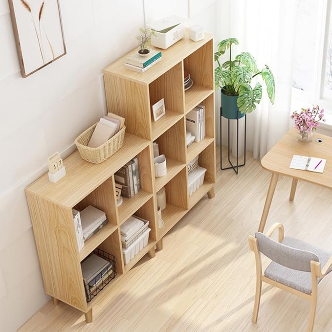 IOTXY Open Cube Low Bookcase - 3-Tier Freestanding Storage Display Cabinet Organizer with Legs for Home Office, 7-Cubes Open Shelf Short Bookshelf, Oak