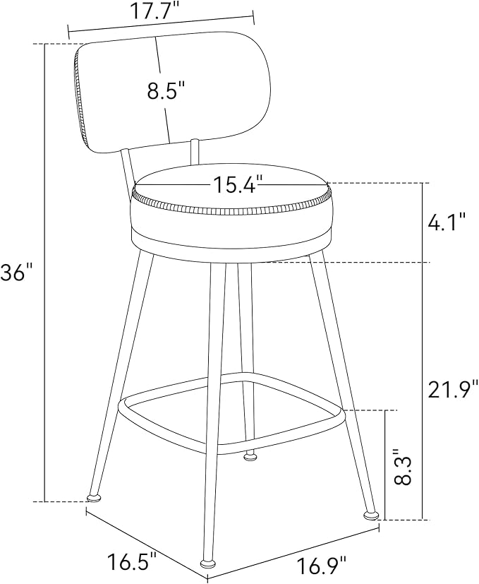 Counter Height Bar Stools, 26" H Swivel Barstools Set of 4, Faux Leather Kitchen Counter Stools with Back and Stylish Stitching, Metal Frame, Pub, Home Bar, Black Grey