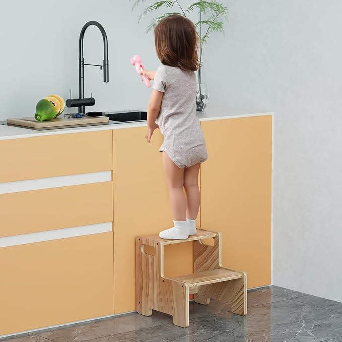Wooden Step Stool for Kids,Supports 300 lbs Kids Toddler Stepping Stool Toilet/Kitchen/Bed Foot Stool,Natural,2 Packs