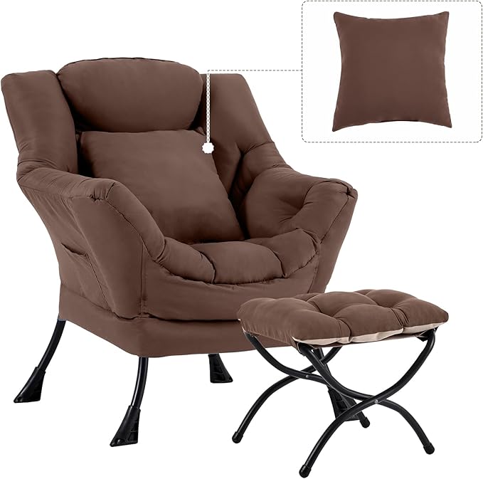 Lazy Chair with Ottoman, Comfy Reading Chair with Footstool & Pillow Modern Lounge Chair with Armrests & Side Pocket for Living Room, Bedroom, Dorm Room，Dark Brown
