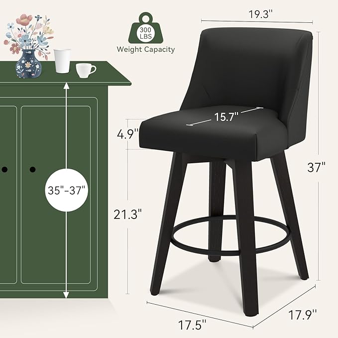 Vipbear Swivel Counter Height Bar Stools Set of 2,26.8" H Counter Stools with Back, Mid Century Modern Bar Stools for Kitchen Island,Faux Leather,Wooden Base, Black