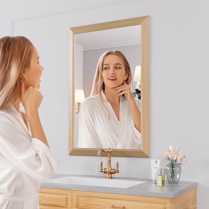 Amorho 24x36 Inch Bathroom Mirror for Wall, Oak Wood Grain Metal Framed Mirror, Anti-Rust, Hang Horizontally/Vertically, Suitable for Bedroom, Farmhouse, Bathroom, Decorative