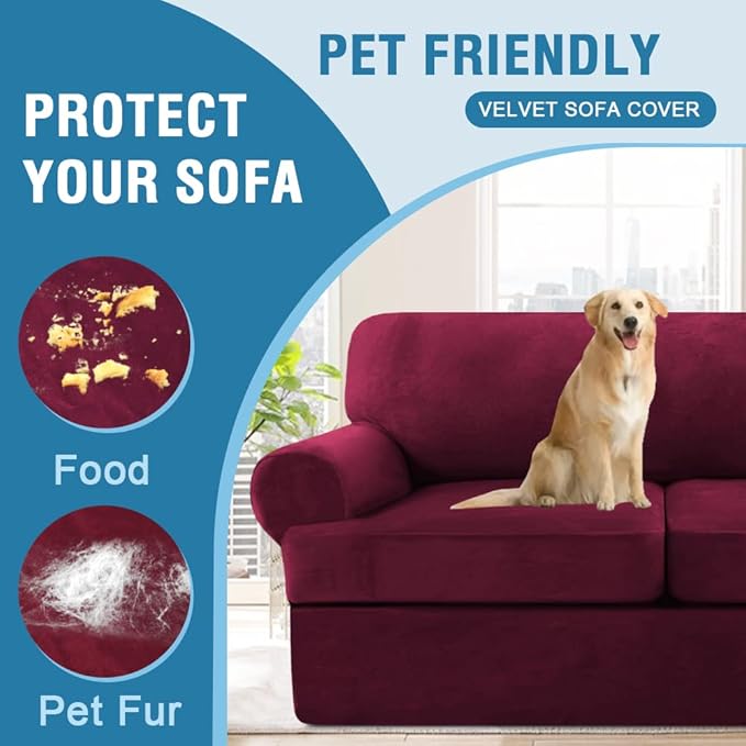H.VERSAILTEX Sofa Cover 3 Piece T Cushion Loveseat Slipcovers Thick Velvet Couch Cover Furniture Protector Stretch T Cushion Sofa Covers for 2 Cushion Couch with 2 T Cushion Covers Washable, Burgundy