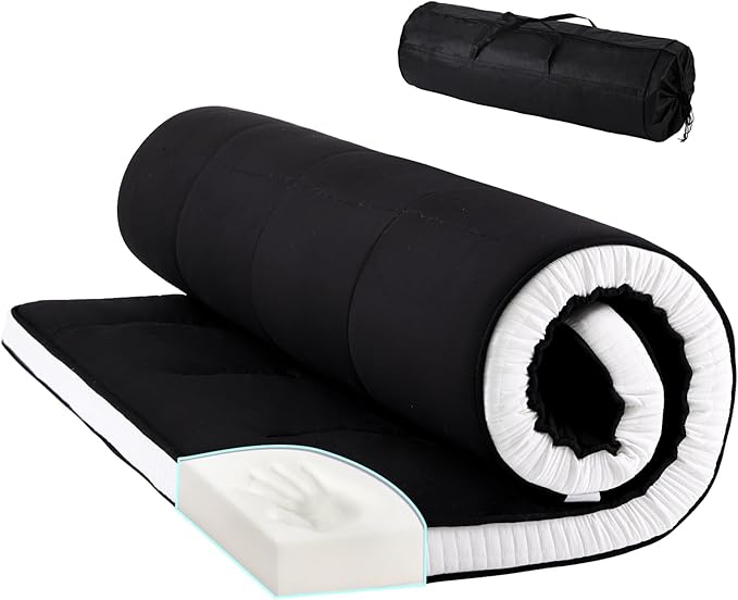 Tiita Memory Foam Mattress Topper Twin Size, 4" Thicken Futon Mattress with Storage Bag and 2 Straps, Portable Roll Up Travel Car Camping Mattress Floor Sleeping Pad, Black