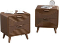 COSIEST Mid-Century Nightstand, Vintage Accent Furniture w 2 Storage Drawers, Modern End Table w Striped Pattern, Wood Small Accent Table for Bedroom, Living Room(Brown,2 Pieces)