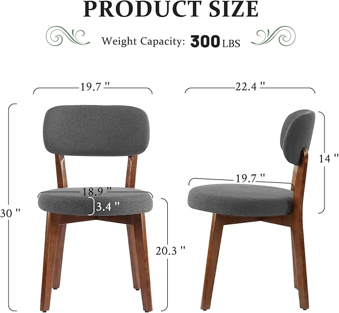 Furniliving Wooden Dining Chairs Set of 2, Mid-Century Modern Linen Upholstered Kitchen Chair with Solid Oak Wood, Farmhouse Dining Room Chairs, Grey